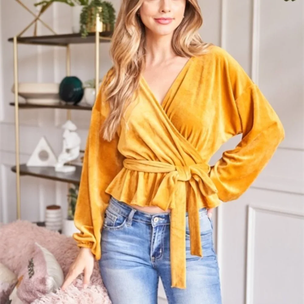 BOHO velour bishop sleeve belted MUSTARD TOP_4